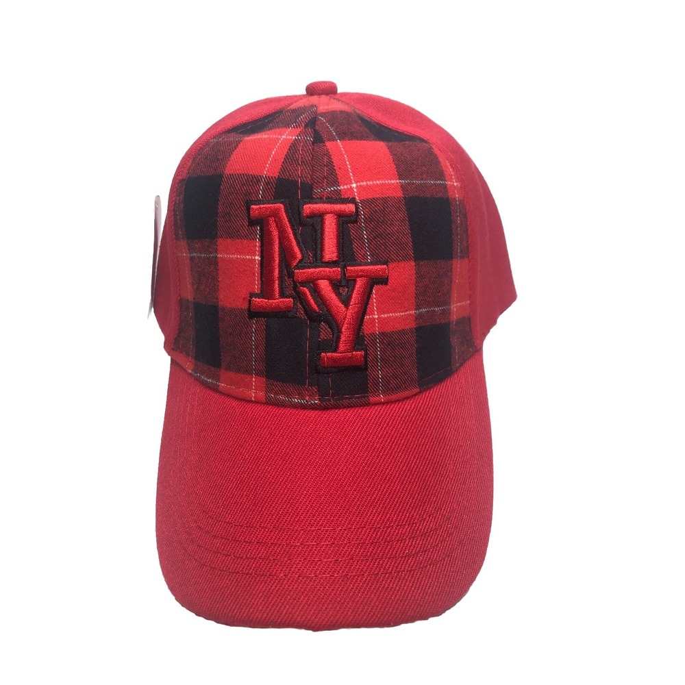 New York Red Black Plaid PIN STRIPE HAT Embroidered NY Adjustable Strap Baseball